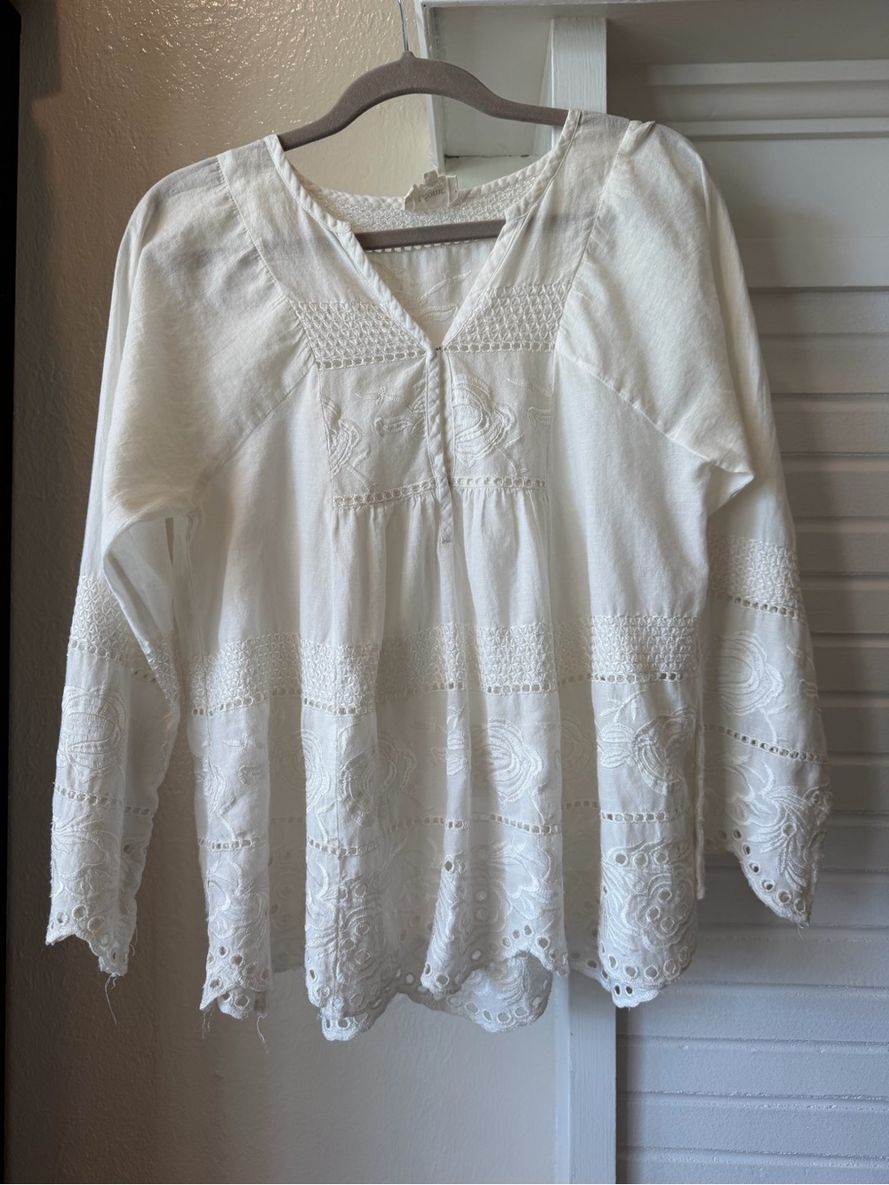 Léonie White Embroidered Eyelet Cotton Boho Peasant Blouse Size 1